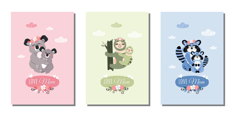 A set of templates for postcards, covers, banners, and more. A sloth, a koala, and a raccoon. The concept of motherhood. A set of funny mother and baby animals. A vector illustration.