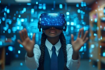 Black female school student with VR headset using AI technology and machine learning. Interactive classroom technology fostering innovation and smart tech with AI blue hologram, Generative AI