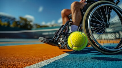 Inclusive image of a disabled person sitting in a wheelchair playing tennis, demonstrating accessible sports and recreation for people with disabilities, Generative AI