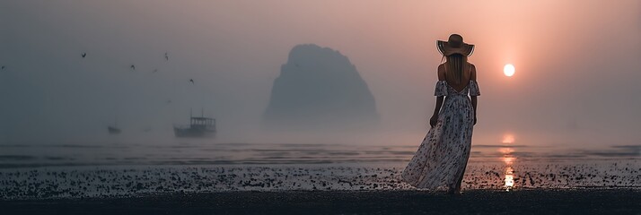 A solitary figure stands on a beach watching the sunrise over the ocean with a distant island shrouded in mist and birds flying in the foggy sky