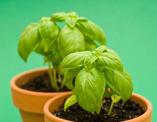 Two young basil plants in terracotta pots against a green backdrop