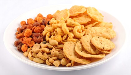 Assorted Indian snacks on a white plate