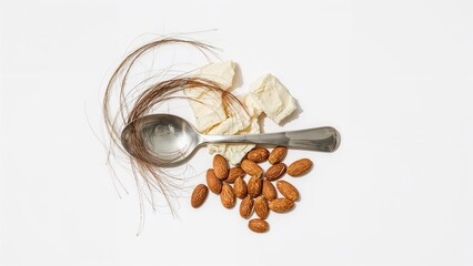 Fototapeta premium Spoon containing shea butter and almonds on a plain white surface