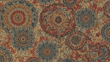 Naklejka premium Seamless abstract pattern featuring distressed effects in retro hues. Mandala-inspired shabby carpet vector background for ceramics, wallpaper, linoleum, textiles, rugs, and web design.