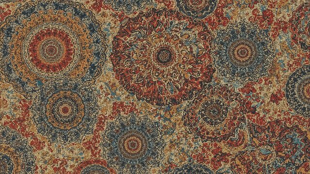 Seamless abstract pattern featuring distressed effects in retro hues. Mandala-inspired shabby carpet vector background for ceramics, wallpaper, linoleum, textiles, rugs, and web design.