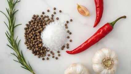 White marble kitchen setting featuring sea salt, black peppercorns, fresh rosemary, chili peppers, and garlic