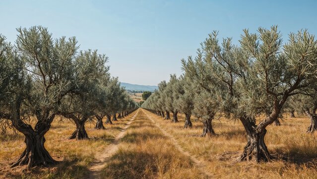 Scenic summer view of olive trees growing in the countryside located between two small towns in the south of Italy.