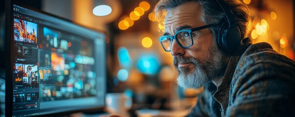 Candid Santa Claus working on a desktop computer laptop, having a video call while using AI technology like Chat GPT to purchase presents and gifts, Generative AI