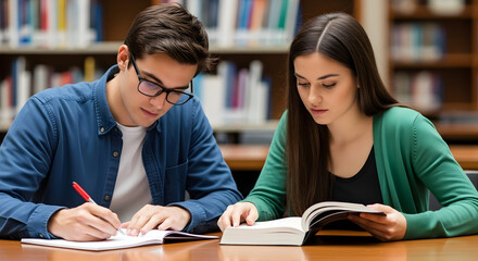 Focused students studying together in a library preparing for exams teamwork collaboration learning education knowledge books research college university academic success teamwork partnership