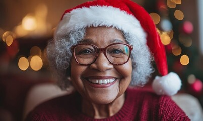 Happy senior black pensioner wearing a red Santa hat, celebrating Christmas Day in a nursing home for elderly patients. African American woman smiling during Christmas celebrations, Generative AI