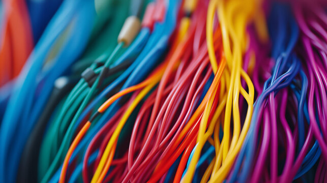AI generator images of Vibrant network of intertwined technological cables showcasing modern connection. Automotive and manufacturing industry plastic connectors Colorful coiled cable wire assortment 