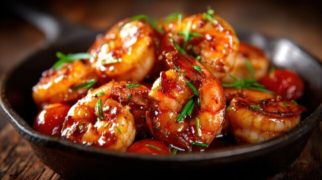 A plate of juicy shrimp tossed in a rich, spicy sauce served with cherry tomatoes, showcasing a gourmet dish that tantalizes taste buds with its bold flavors and beautiful presentation.