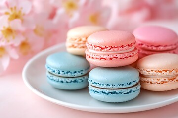 Fototapeta premium Assortment of colorful french macarons arranged on a white plate with soft pink cherry blossoms in the background