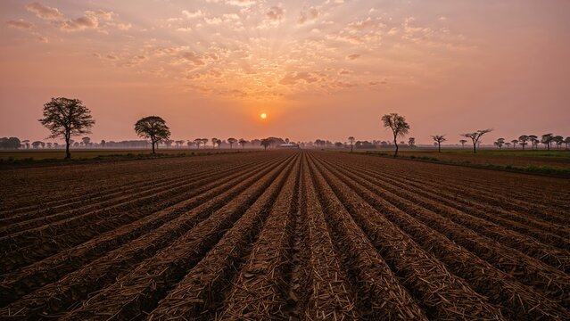 Sunset over a freshly tilled winter farmland