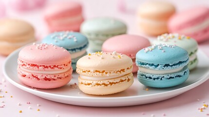 Obraz premium Assortment of colorful french macarons with delicate frosting and sprinkles on a white plate