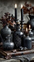 Dark Still Life with Candles and Vases