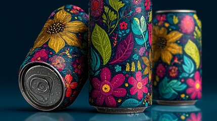 Three vibrant floral patterned soda cans arranged closely together on a dark blue background
