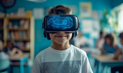 School student using VR headset and AI technology with machine learning. Futuristic interactive classroom technology with a focus on innovation and smart tech, featuring education, Generative AI