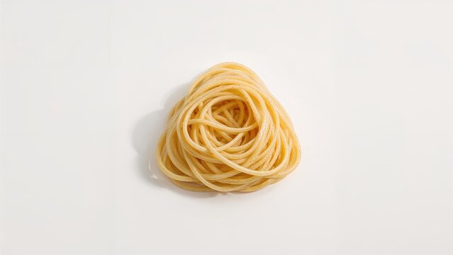 Fettuccine pasta shaped into a triangle nest displayed on a white surface