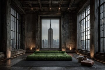 Fototapeta premium Loft interior with city view