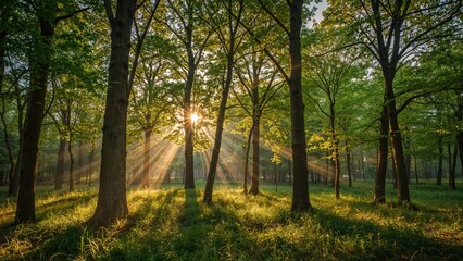 Fototapeta premium Bright early sunlight filtering in a vibrant summer forest