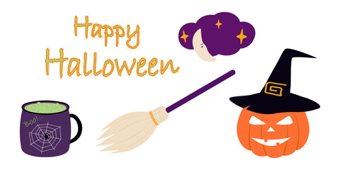 Purple Halloween Mug Broom Pumpkin in Witch Hat Crescent moon Cloud and Happy Halloween Text. Bundle