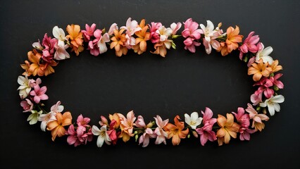 Colorful flower garland displayed on a black surface