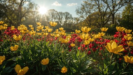 Bright yellow and red flowers flourish amid verdant nature and glowing sunlight.