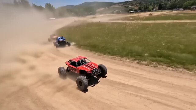 Dynamic Aerial Shot of High-Speed RC Buggies Racing on a Dusty Off-Road Dirt Track