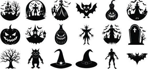 Halloween vector silhouette set,Big set of spooky Halloween themed silhouettes featuring witches, bats, pumpkins, spiders, haunted house, and gravestones in black isolated on transparent background,