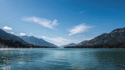 Obraz premium Expansive view over a serene lake and rolling hills, ideal for text placement