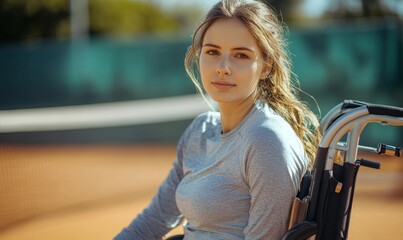 Disabled woman in a wheelchair playing tennis. Handicapped female tennis player. Inclusive, accessible sport and exercise for people with disabilities. Promoting DEIB values in tennis, Generative AI