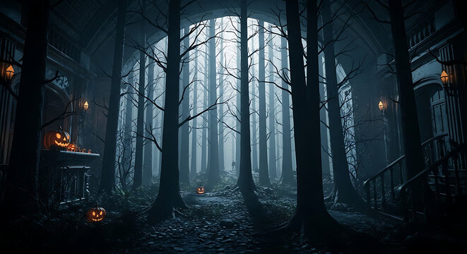 Spooky halloween forest scene with pumpkins and a dark mansion in the background creating a scary vibe
