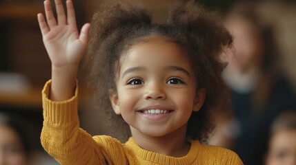 Happy black female school student raising her hand to answer the teachers question in a fun educational lesson. Candid African American bright child volunteering in class. Emphasizing, Generative AI