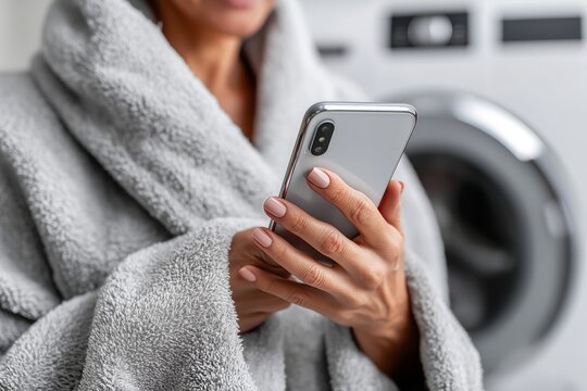 Close-up of a woman in a gray bathrobe holding a smartphone while standing near a washing machine at home