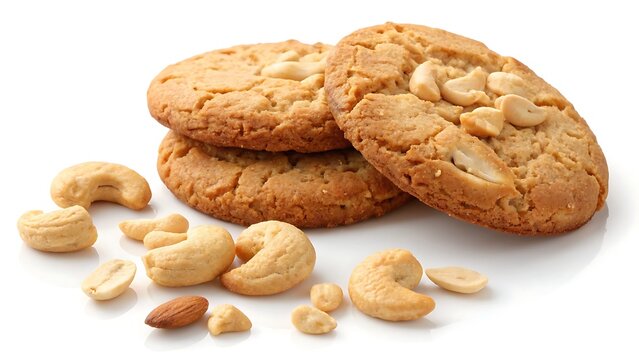 Tasty Cashew Cookies and Nuts Isolated on White Background &ndash; Delicious Homemade Snack.