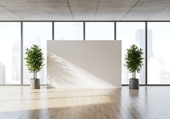 Modern office interior with large windows, plants, and a blank white wall for presentations or displays
