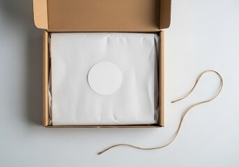 Open cardboard box with white tissue paper and a blank round sticker inside, isolated on a white background, with twine spilling out