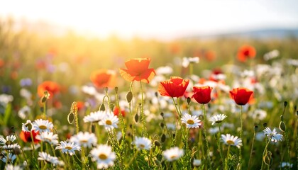 Vibrant wildflowers in a meadow bathed in sunlight.