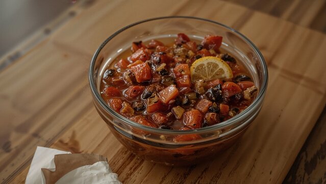 Classic chirmol presented in a glass dish atop a wooden table.