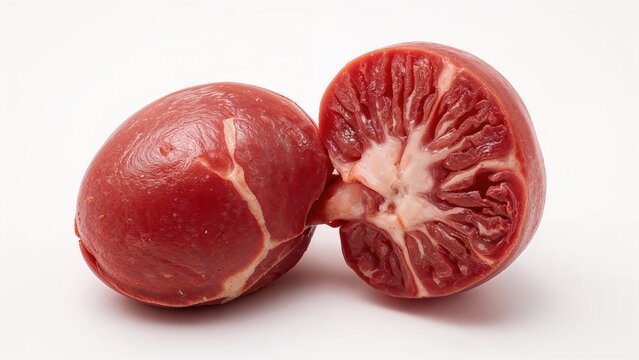 Isolated fresh cow kidney displayed on a plain white surface