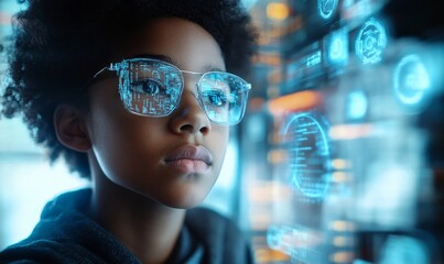 Inclusive image of a mixed-race school student analyzing computer learning digital code and online software AI cybersecurity threats. Studying artificial intelligence and cyberspace, Generative AI