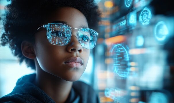 Inclusive image of a mixed-race school student analyzing computer learning digital code and online software AI cybersecurity threats. Studying artificial intelligence and cyberspace, Generative AI