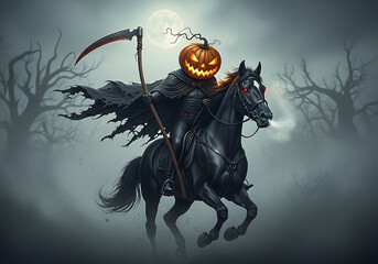 A headless horseman with a pumpkin head riding a black horse in a spooky forest at night