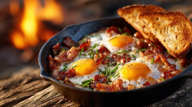 A rustic skillet frying eggs with crispy bacon and toasted bread over an open fire, showcasing a hearty breakfast experience filled with warmth and flavor.