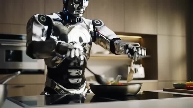 Futuristic robot chef skillfully cooking in a modern kitchen, showcasing advanced culinary technology