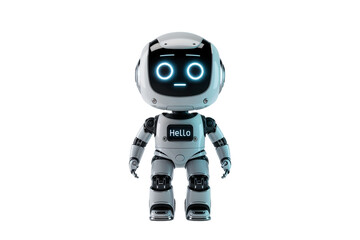 Fototapeta premium Futuristic humanoid robot with glowing blue eyes, articulated limbs, and a sleek white-black metallic body. Friendly design for sci-fi, tech, or educational themes.