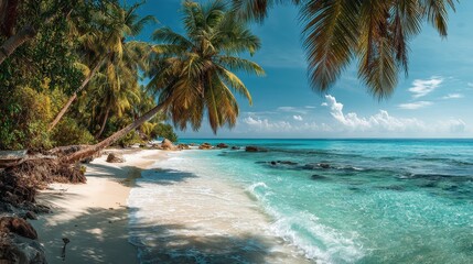 Tropical beach paradise with turquoise water and palm trees. Ideal for travel, tourism, and summer vacation advertisements.