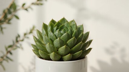 Potted succulent displayed against a bright white background with natural lighting. Artistic nature composition featuring focused detail. Plenty of room for text.