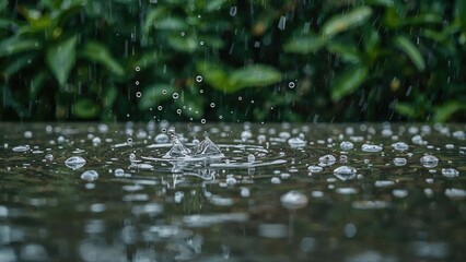 Fototapeta premium Rainwater hitting the soil on a gloomy day